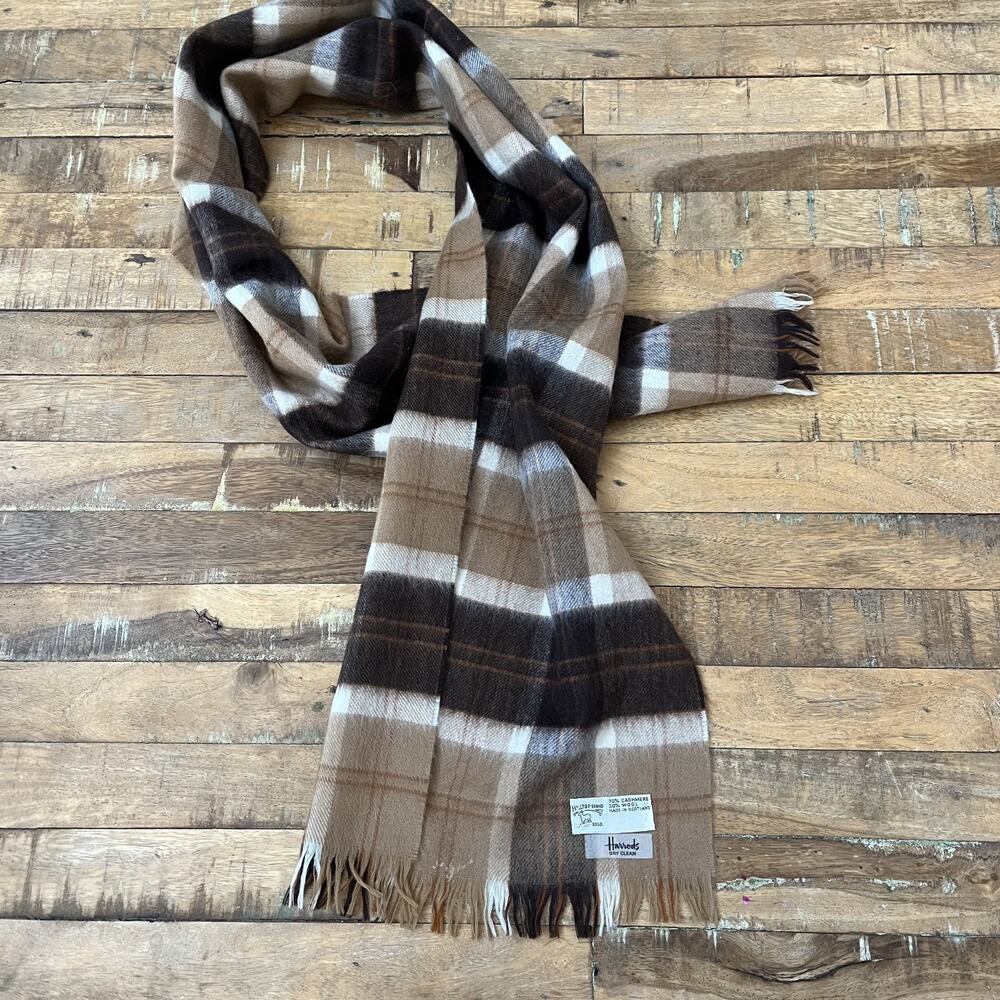 Hilltop Cashmere Wool Blend Fringe Scarf 56 x 11.5 in Brown Ivory Tartan Pattern